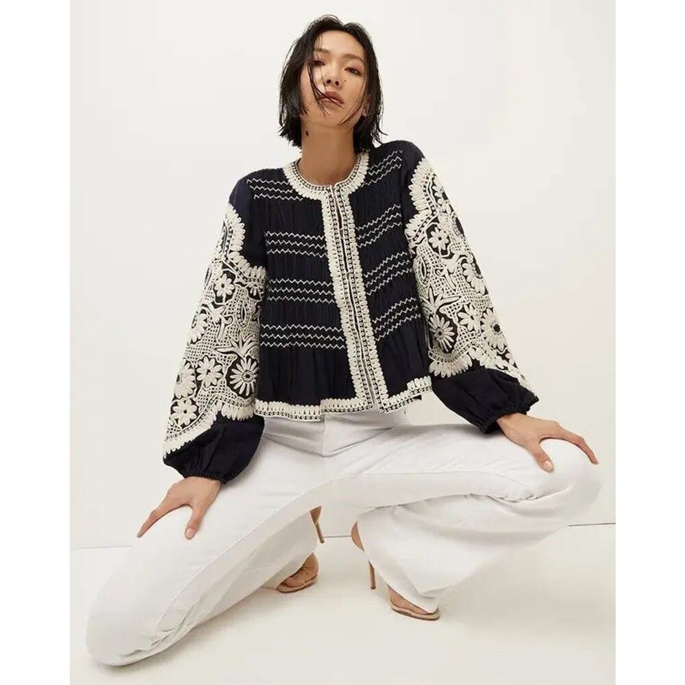 Veronica Beard womens navy/off white Dorian embroidered linen blend jacket NWT S - Picture 4 of 13